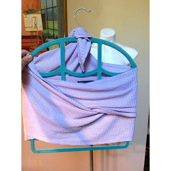 Women's Boho Cross Wrap Tie Back Crop Halter Top Lilac Large - Picture 6 of 7